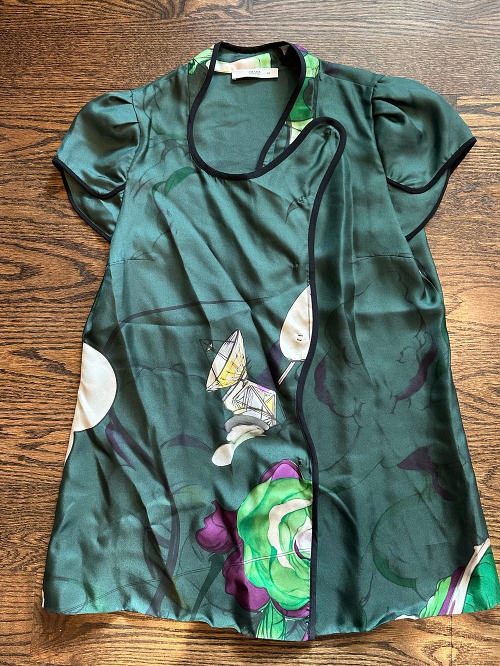 Prada Silk Abstract Art Print Puff Sleeve Blouse Top IT 42 Made in Italy